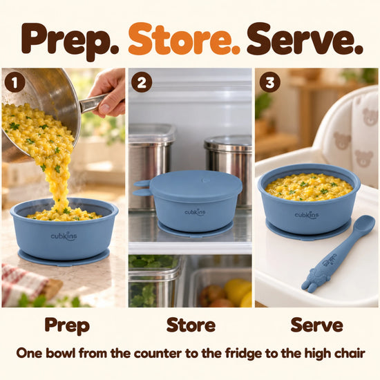 Three steps with the Cubkins blue olive suction bowl: filled with khichdi, covered with its bunny lid in the fridge, then served on a high chair tray