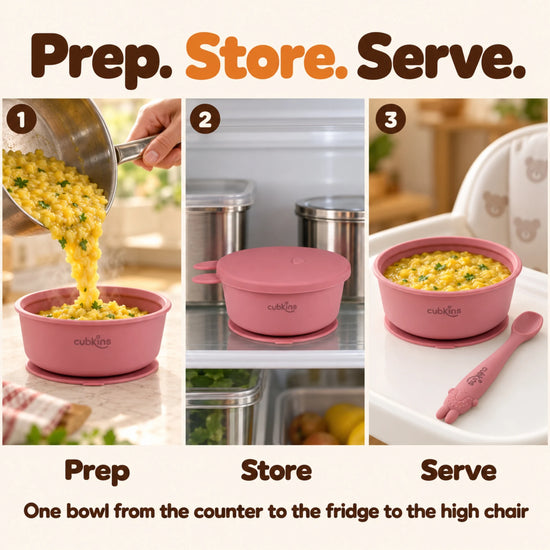 Three steps with the Cubkins raspberry suction bowl: filled with khichdi, covered with its bunny lid in the fridge, then served on a high chair tray