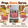 Three steps with the Cubkins raspberry suction bowl: filled with khichdi, covered with its bunny lid in the fridge, then served on a high chair tray