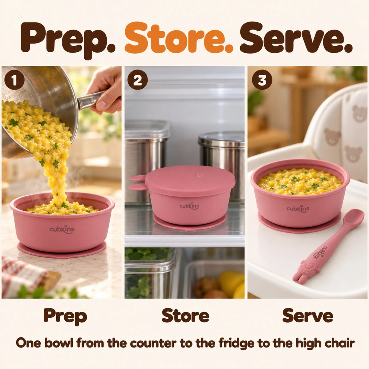 Three steps with the Cubkins raspberry suction bowl: filled with khichdi, covered with its bunny lid in the fridge, then served on a high chair tray