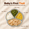 Top view of the Cubkins blue olive suction plate as a baby thali: roti in the large compartment, dal, sabzi and curd in the three small ones