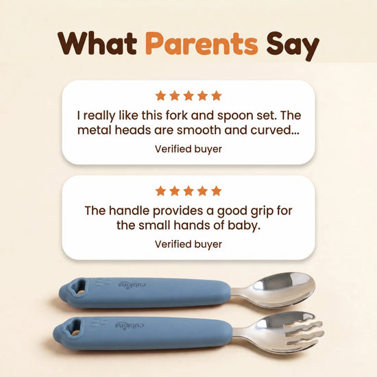 Two parent reviews of the Cubkins blue olive 304 steel toddler spoon and fork set