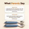 Two parent reviews of the Cubkins blue olive 304 steel toddler spoon and fork set