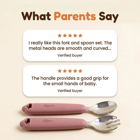 Two parent reviews of the Cubkins raspberry 304 steel toddler spoon and fork set