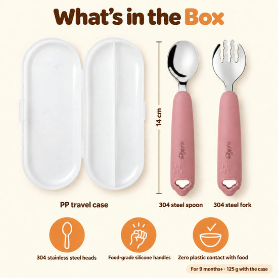 What's in the box: Cubkins raspberry 304 steel toddler spoon and fork with silicone handles and a PP travel case, 14 cm long, 125 g in the case, for 9 months+