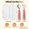 What's in the box: Cubkins raspberry 304 steel toddler spoon and fork with silicone handles and a PP travel case, 14 cm long, 125 g in the case, for 9 months+
