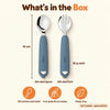 What's in the box: Cubkins blue olive 304 steel toddler spoon and fork with food-grade silicone handles, plastic-free, 14 cm long, 35 g each, for 9 months+