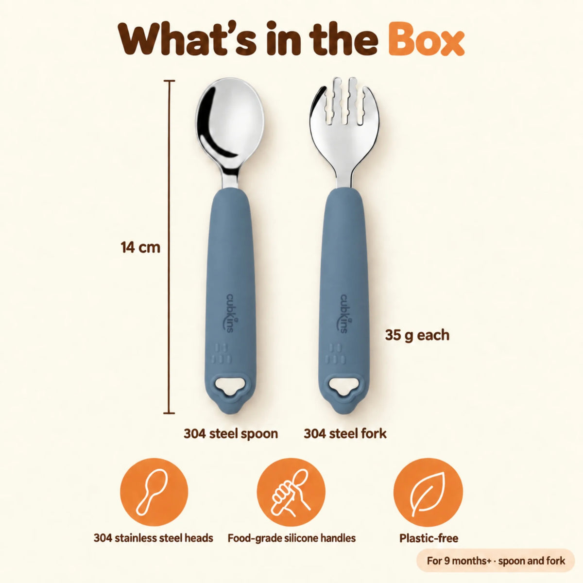 What's in the box: Cubkins blue olive 304 steel toddler spoon and fork with food-grade silicone handles, plastic-free, 14 cm long, 35 g each, for 9 months+