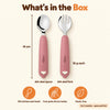What's in the box: Cubkins raspberry 304 steel toddler spoon and fork with food-grade silicone handles, plastic-free, 14 cm long, 35 g each, for 9 months+