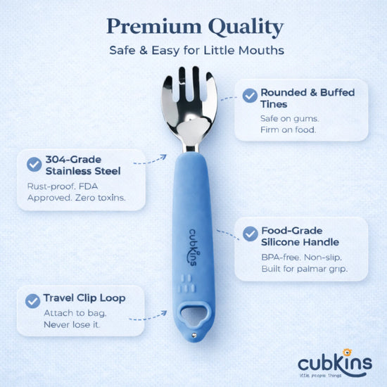 Cubkins Blue Olive toddler fork feature callout image on a soft blue background, labelling rounded and buffed tines safe for gums, 304-grade FDA-approved stainless steel, food-grade BPA-free non-slip silicone handle, and travel clip loop