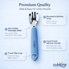 Cubkins Blue Olive toddler fork feature callout image on a soft blue background, labelling rounded and buffed tines safe for gums, 304-grade FDA-approved stainless steel, food-grade BPA-free non-slip silicone handle, and travel clip loop