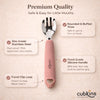 Cubkins Raspberry toddler fork feature callout image on a warm beige background, labelling rounded tines safe for gums, 304-grade stainless steel with zero toxins, food-grade silicone handle for palmar grip, and travel clip loop for on-the-go use