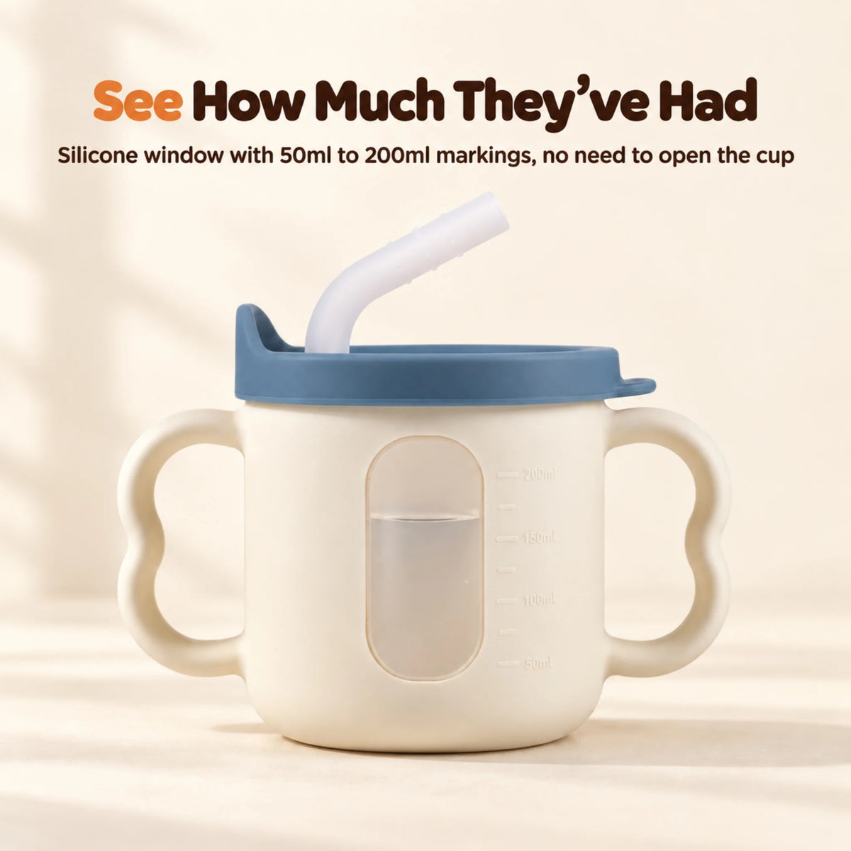 Window side of the Cubkins blue olive straw training cup showing water through the frosted silicone window with 50ml to 200ml markings