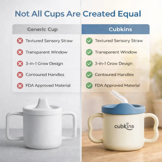 Side-by-side comparison chart showing Cubkins blue training cup versus a generic cup, with Cubkins offering textured sensory straw, transparent window, 3-in-1 grow design, contoured handles, and FDA approved material