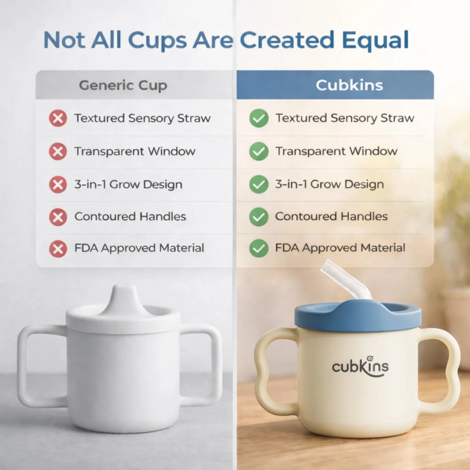 Side-by-side comparison chart showing Cubkins blue training cup versus a generic cup, with Cubkins offering textured sensory straw, transparent window, 3-in-1 grow design, contoured handles, and FDA approved material