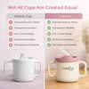 Side-by-side comparison chart showing Cubkins raspberry training cup versus a generic cup, with Cubkins offering textured sensory straw, transparent window, 3-in-1 grow design, contoured handles, and FDA approved material