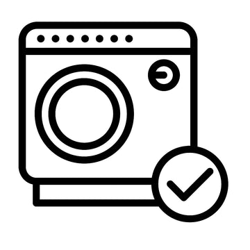 Simple line icon of a dishwasher with a checkmark indicating dishwasher-safe material.