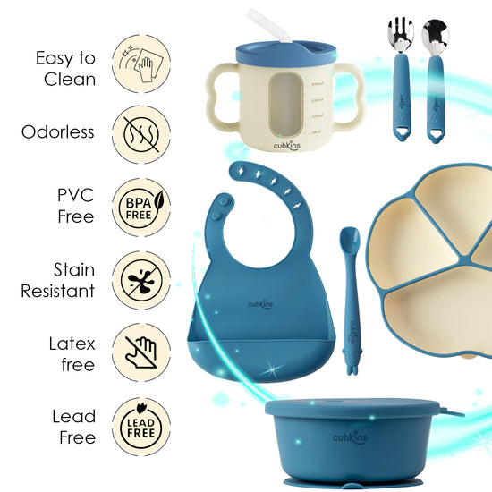 Dual Tone Feeding Set Blue Olive features