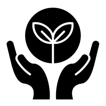 Minimalist black icon of a sprout held in hands, representing eco-friendly and sustainable materials.