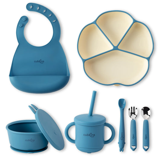 Complete Baby Feeding Set: A four-portion feeding plate with suction, a suction bowl with lid, a drinking straw cup with lid, an adjustable bib, an early feeding bendable silicone spoon and a fork & spoon set with stainless steel heads | Zero Plastic | Pr