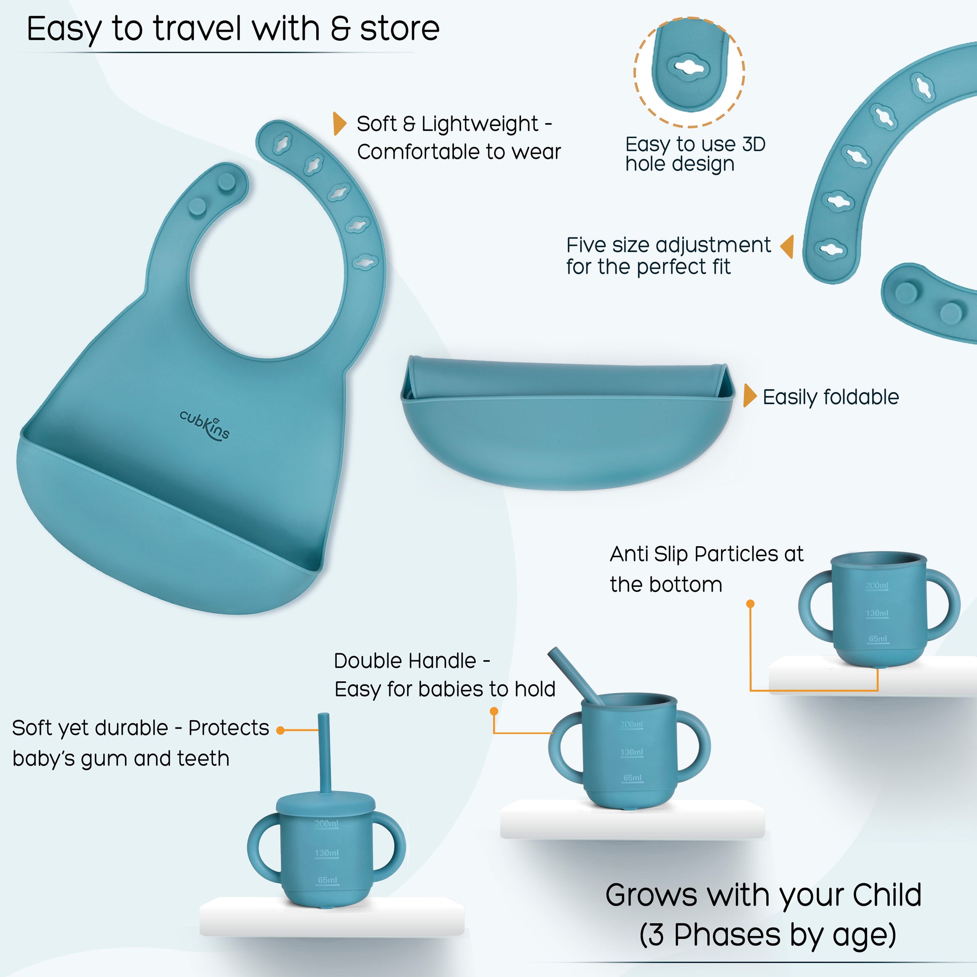 Complete Baby Feeding Set: A four-portion feeding plate with suction, a suction bowl with lid, a drinking straw cup with lid, an adjustable bib, an early feeding bendable silicone spoon and a fork & spoon set with stainless steel heads | Zero Plastic | Pr