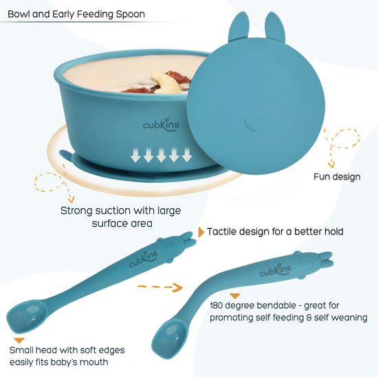 Baby Feeding Bundle: A spill prevent bowl with a strong suction base+ A fun design lid to keep food fresh + A specially designed early feeing bendable spoon. Zero Plastic. Premium Quality Silicone.