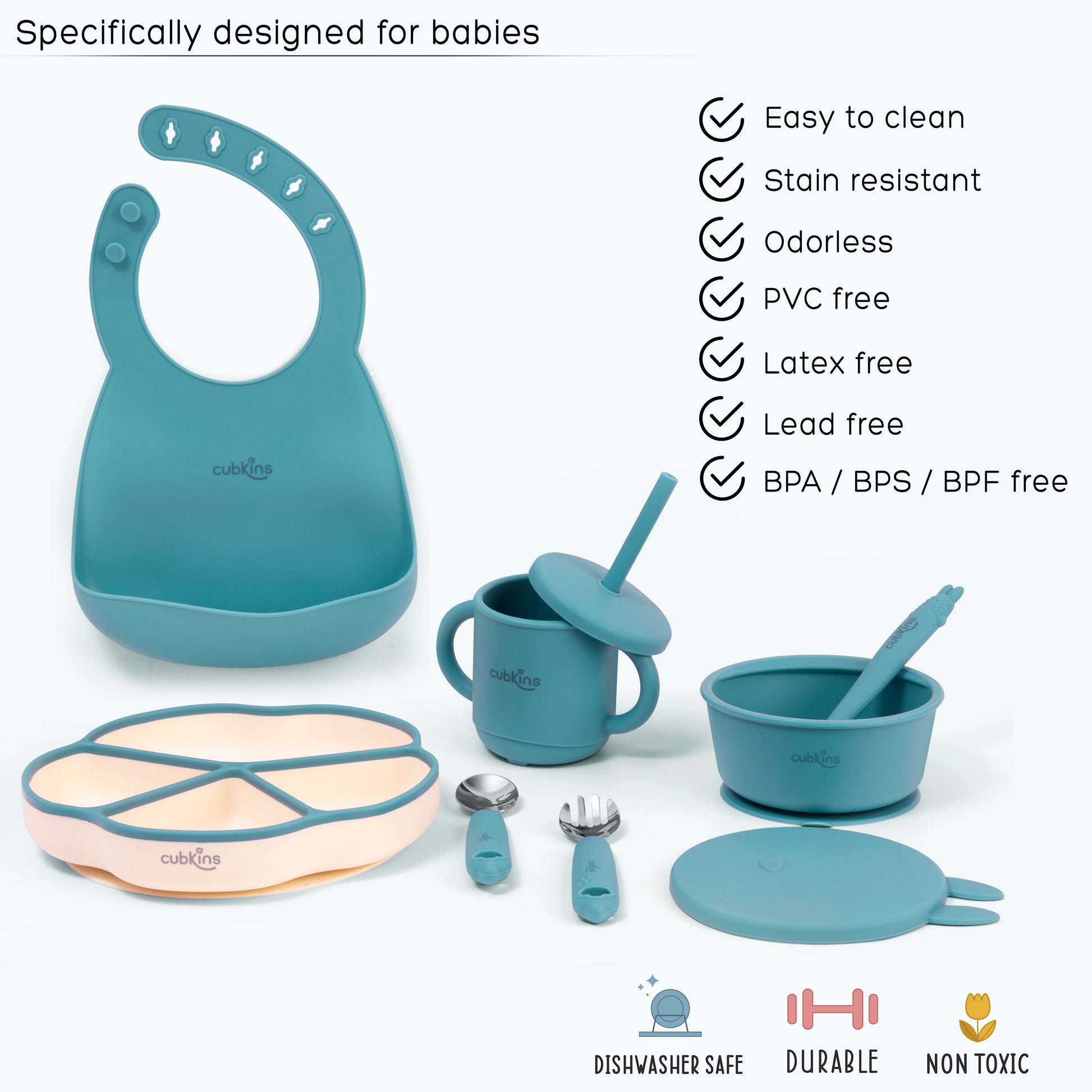 Complete Baby Feeding Set: A four-portion feeding plate with suction, a suction bowl with lid, a drinking straw cup with lid, an adjustable bib, an early feeding bendable silicone spoon and a fork & spoon set with stainless steel heads | Zero Plastic | Pr