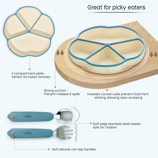 A 4 compartments Plate made with premium & high-quality silicone with a strong suction base | Zero Plastic | Baby Feeding Product