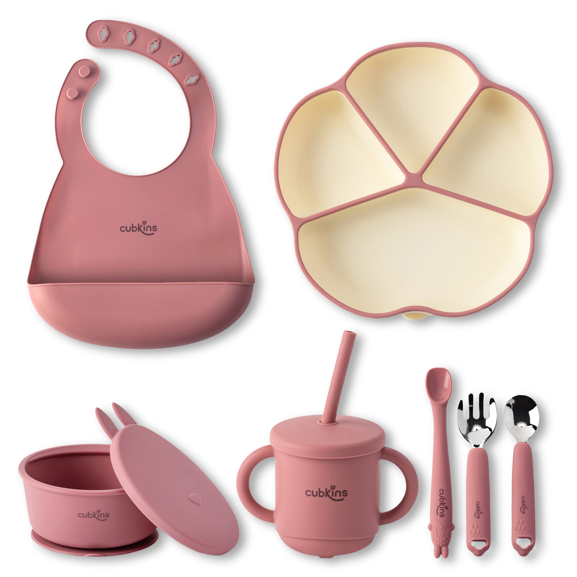 Complete Baby Feeding Set: A four-portion feeding plate with suction, a suction bowl with lid, a drinking straw cup with lid, an adjustable bib, an early feeding bendable silicone spoon and a fork & spoon set with stainless steel heads | Zero Plastic | Pr