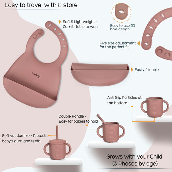 Complete Baby Feeding Set: A four-portion feeding plate with suction, a suction bowl with lid, a drinking straw cup with lid, an adjustable bib, an early feeding bendable silicone spoon and a fork & spoon set with stainless steel heads | Zero Plastic | Pr