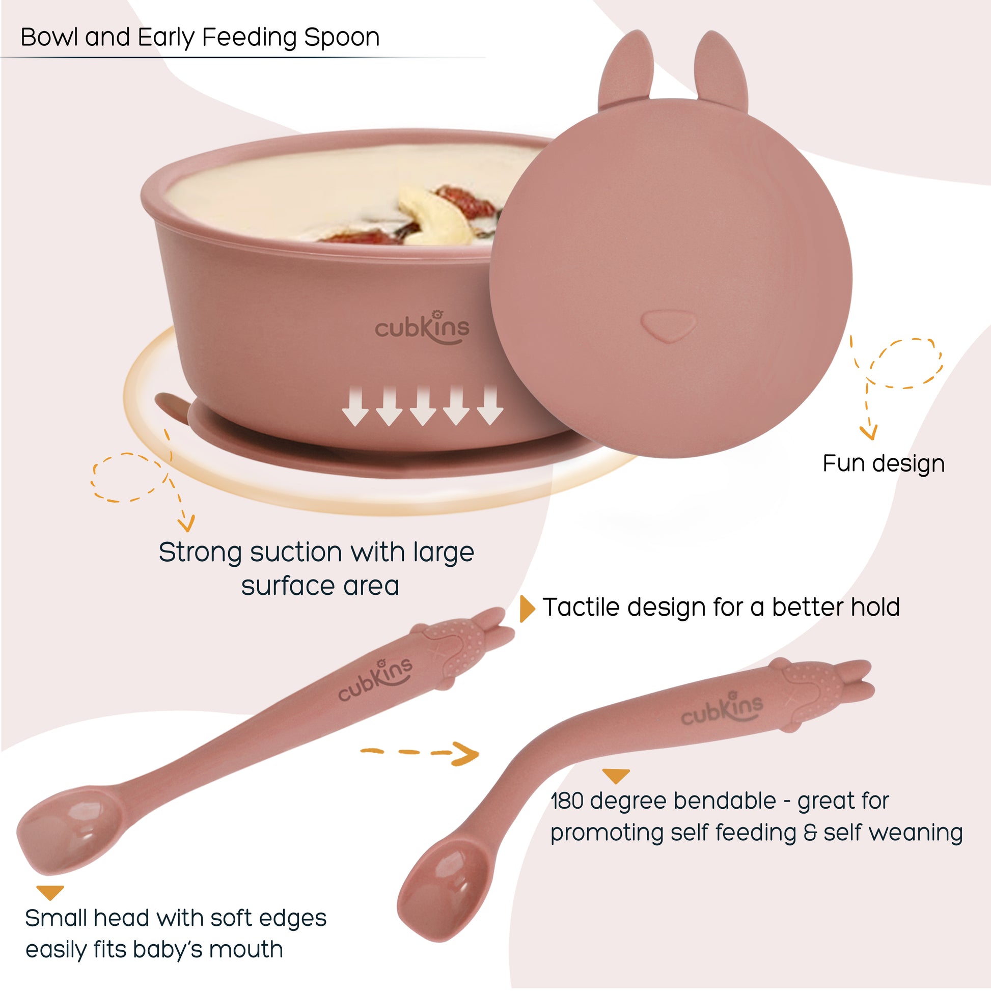 Baby Feeding Bundle: A spill prevent bowl with a strong suction base+ A fun design lid to keep food fresh + A specially designed early feeing bendable spoon. Zero Plastic. Premium Quality Silicone.