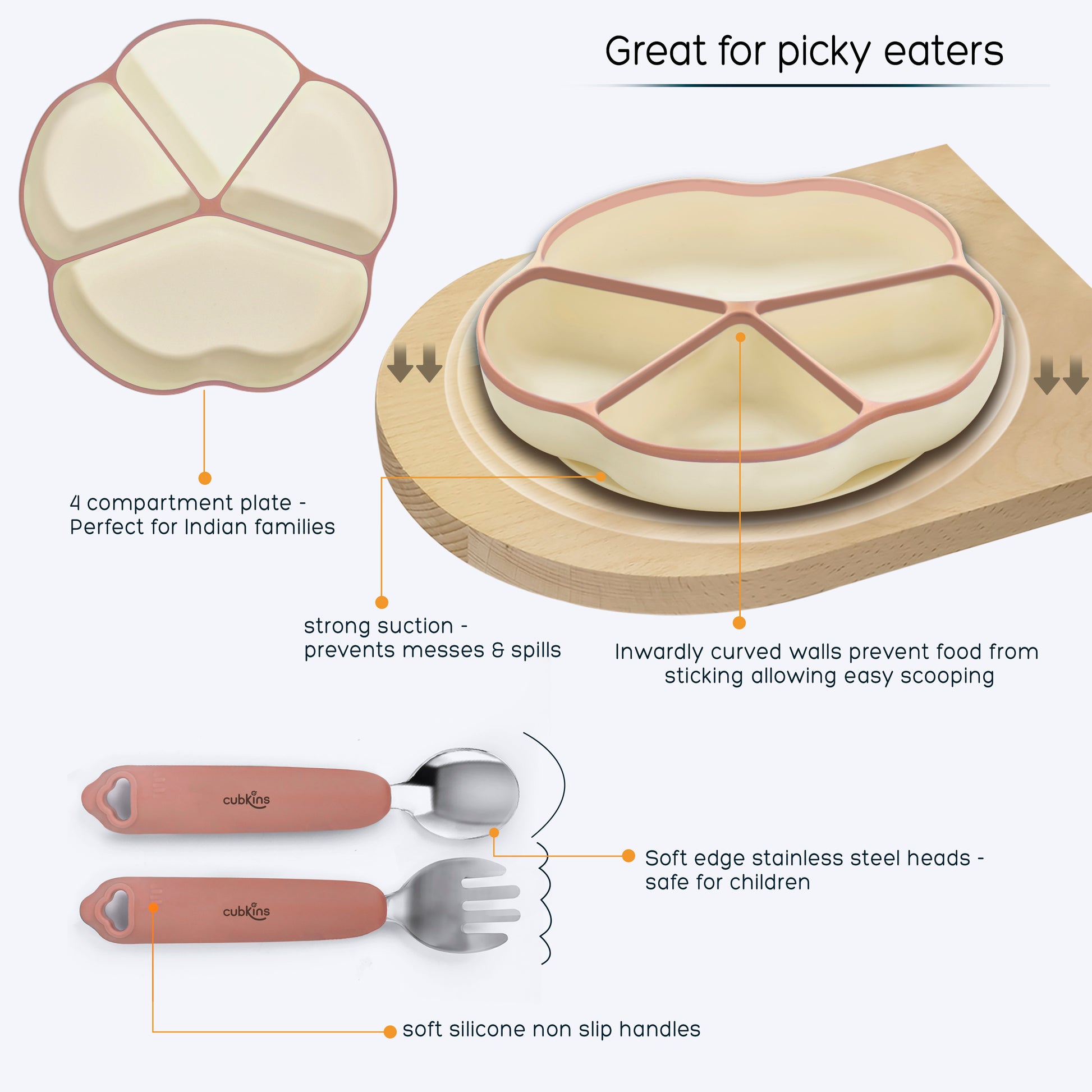 A 4 compartments Plate made with premium & high-quality silicone with a strong suction base | Zero Plastic | Baby Feeding Product