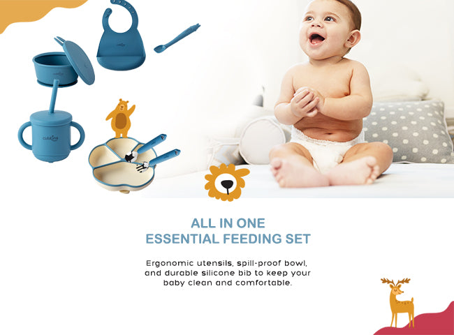 Complete Baby Feeding Set: A four-portion feeding plate with suction, a suction bowl with lid, a drinking straw cup with lid, an adjustable bib, an early feeding bendable silicone spoon and a fork & spoon set with stainless steel heads | Zero Plastic