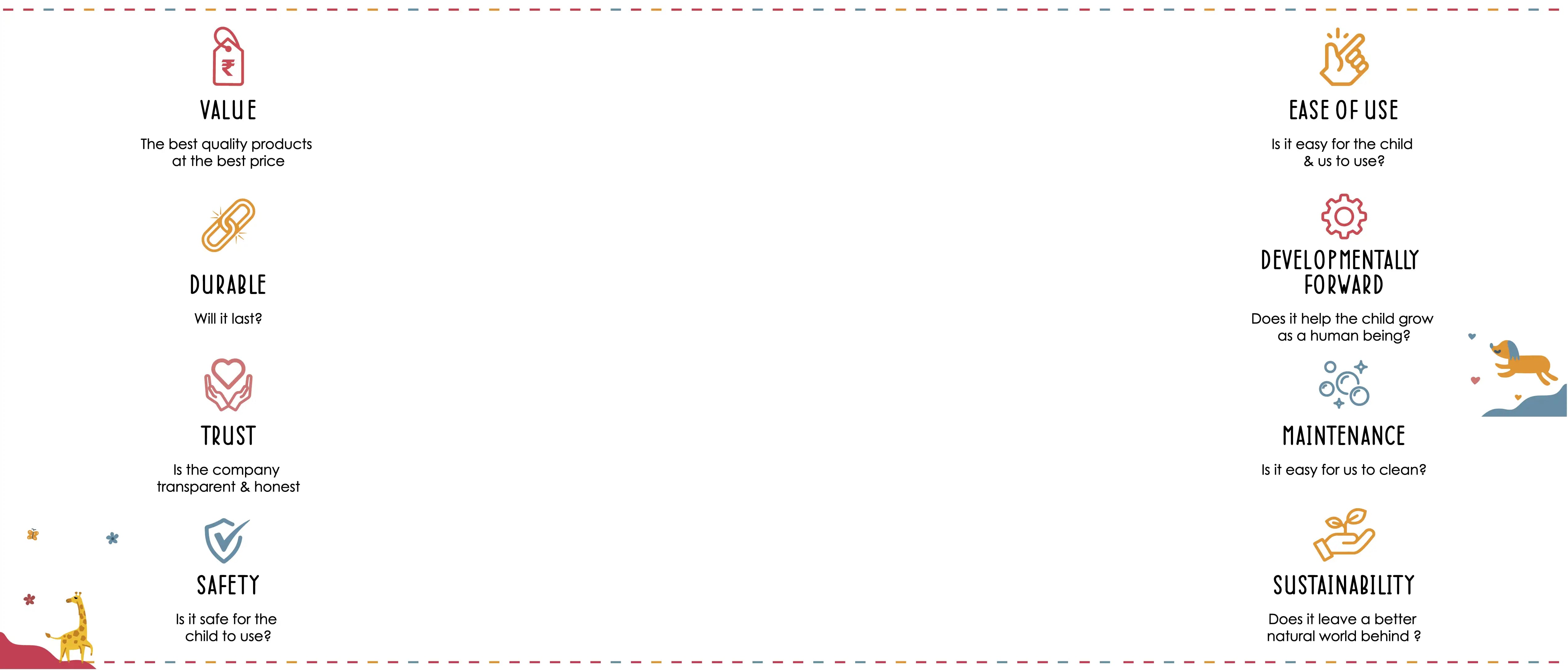 Cubkins brand values: Value, Durable, Trust, Safety, Ease of Use, Maintenance, and Sustainability.