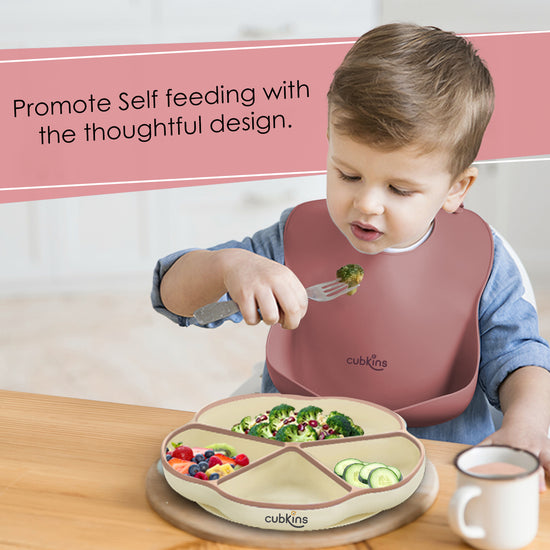 A 4 compartments Plate + Lightweight, easily foldable food catcher | Bib | Silicone baby feeding product | Zero Plastic