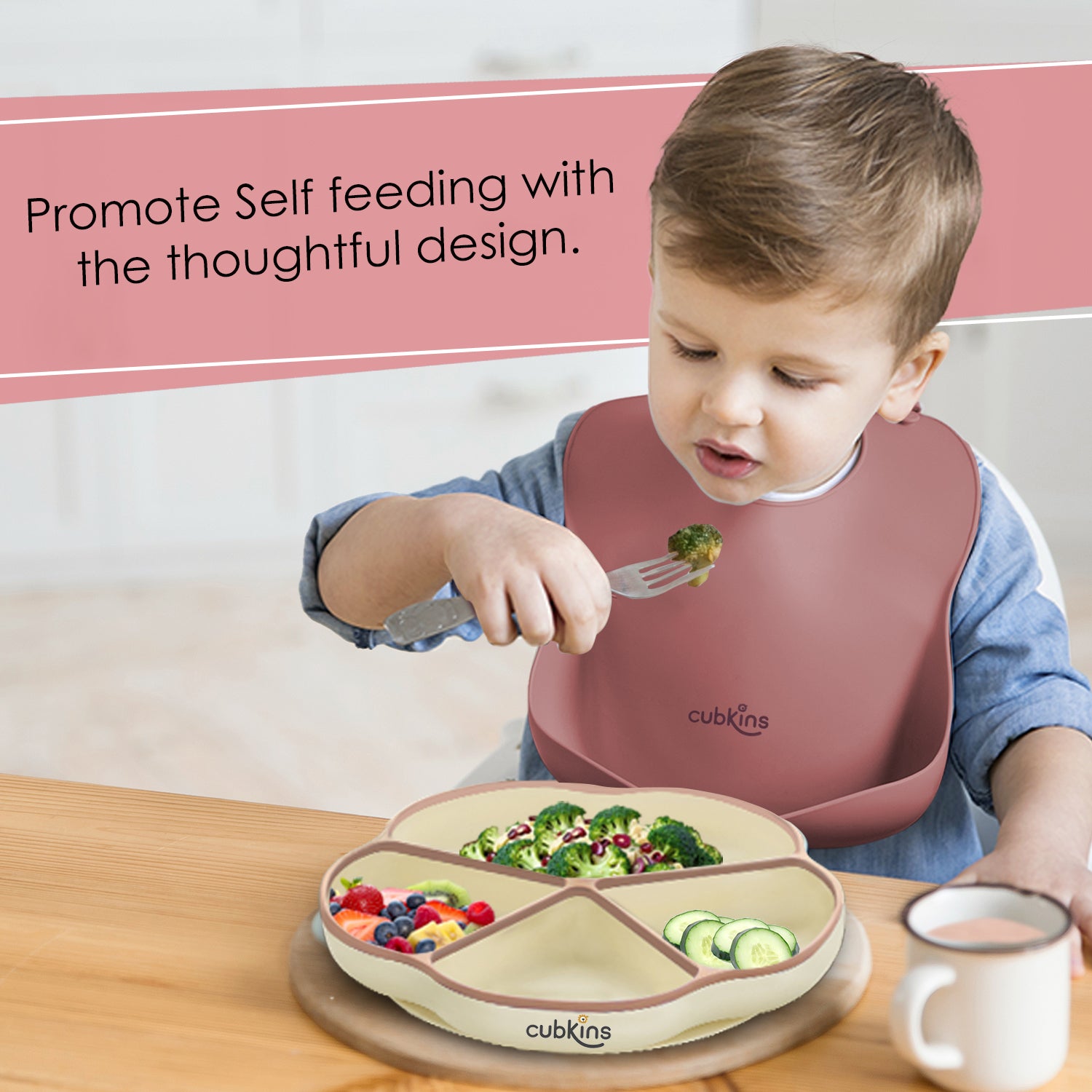 A 4 compartments Plate + Lightweight, easily foldable food catcher | Bib | Silicone baby feeding product | Zero Plastic