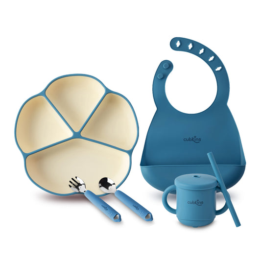 A 4 compartments Plate + a lightweight & easily foldable Bib + a Fork & Spoon with Stainless Steel heads and a Sippy Cup. Made with high-quality silicone.