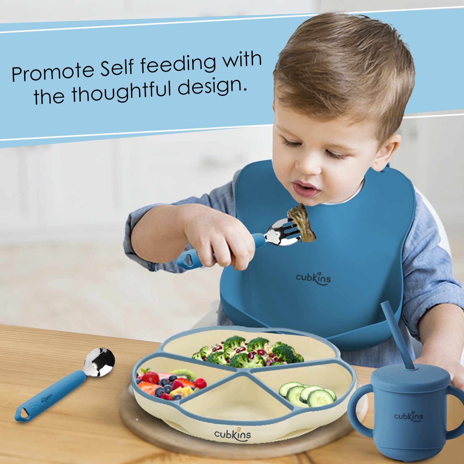 A 4 compartments Plate + a lightweight & easily foldable Bib + a Fork & Spoon with Stainless Steel heads and a Sippy Cup. Made with high-quality silicone.