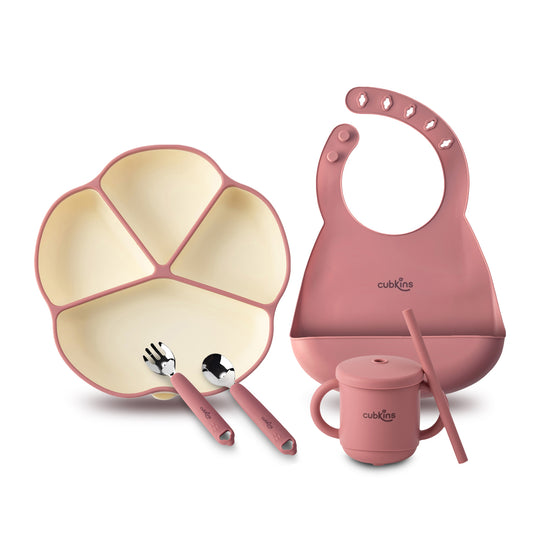 A 4 compartments Plate + a lightweight & easily foldable Bib + a Fork & Spoon with Stainless Steel heads and a Sippy Cup. Made with high-quality silicone.