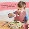 A 4 compartments Plate + a lightweight & easily foldable Bib + a Fork & Spoon with Stainless Steel heads and a Sippy Cup. Made with high-quality silicone.