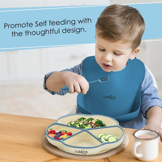 A 4 compartments Plate + A specially designed early feeing bendable spoon + Lightweight, easily foldable food catcher | Bib | Baby feeding spoon | Silicone baby feeding product | Zero Plastic