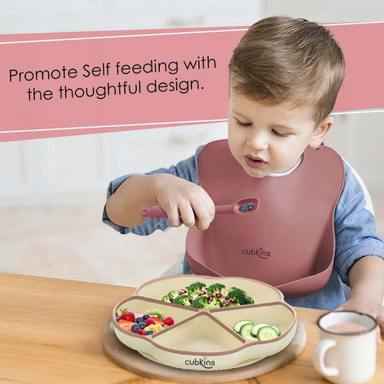 A 4 compartments Plate + A specially designed early feeing bendable spoon + Lightweight, easily foldable food catcher | Bib | Baby feeding spoon | Silicone baby feeding product | Zero Plastic