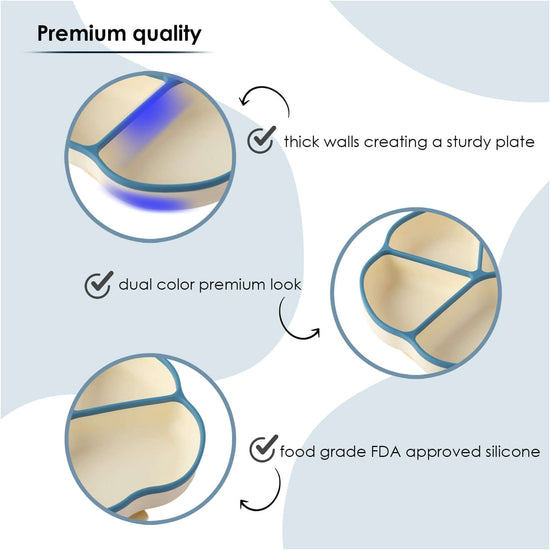 A 4 compartments Plate + a lightweight & easily foldable Bib + a Fork & Spoon with Stainless Steel heads and a Sippy Cup. Made with high-quality silicone.