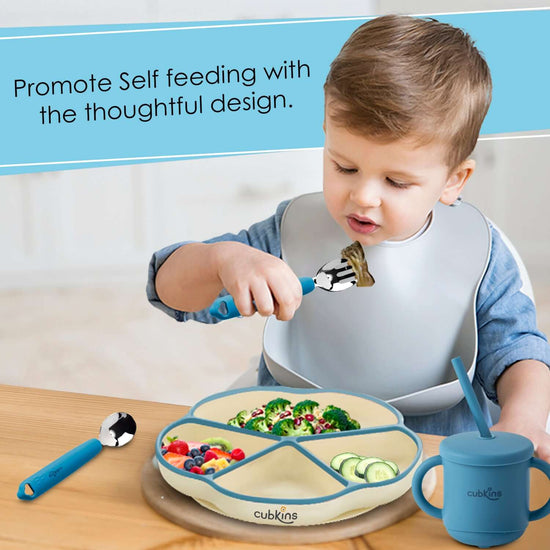 A 4 compartments Plate + High Qyaluty Steel Head Spoon and Fork + Sippy Cup with a Soft Straw | Silicone baby feeding product | Zero Plastic