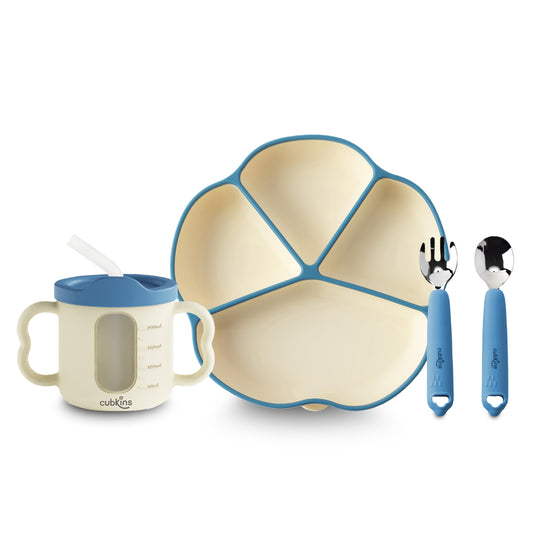PLATE, DUAL TONE SIPPY CUP, SS SPOON & SS FORK Set of 4 | Designed for Children | BPA Free, Food Grade, FDA Approved | Easy to Clean | Cubkins