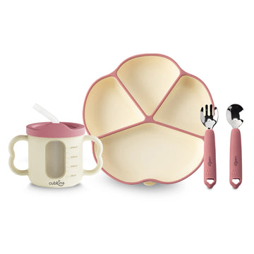 PLATE, DUAL TONE SIPPY CUP, SS SPOON & SS FORK Set of 4 | Designed for Children | BPA Free, Food Grade, FDA Approved | Easy to Clean | Cubkins