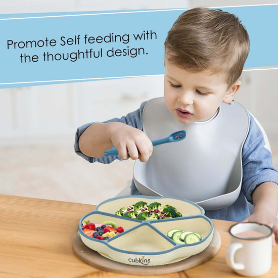 A 4 compartments Plate + A specially designed early feeing bendable spoon | Baby feeding spoon | Silicone baby feeding product | Zero Plastic