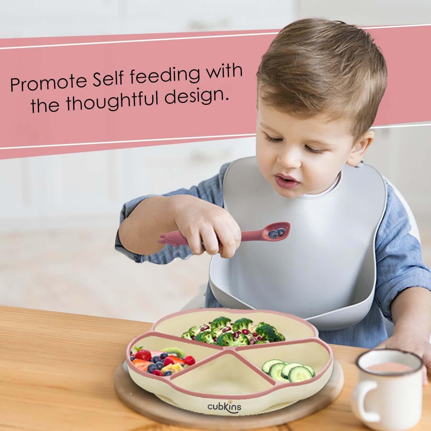 A 4 compartments Plate + A specially designed early feeing bendable spoon | Baby feeding spoon | Silicone baby feeding product | Zero Plastic