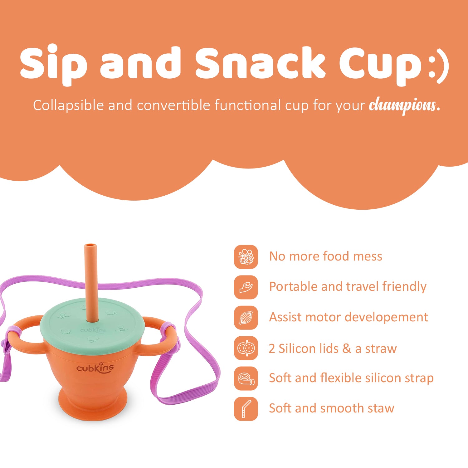 2 in 1 Cup: A Snack Cup + a Drinking Cup | Zero Plastic | Premium Quality Silicone | Baby Feeding Set