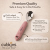 Cubkins baby spoon details: soft-edged steel tips, ergonomic kid-sized handle, and easy-grip silicone.